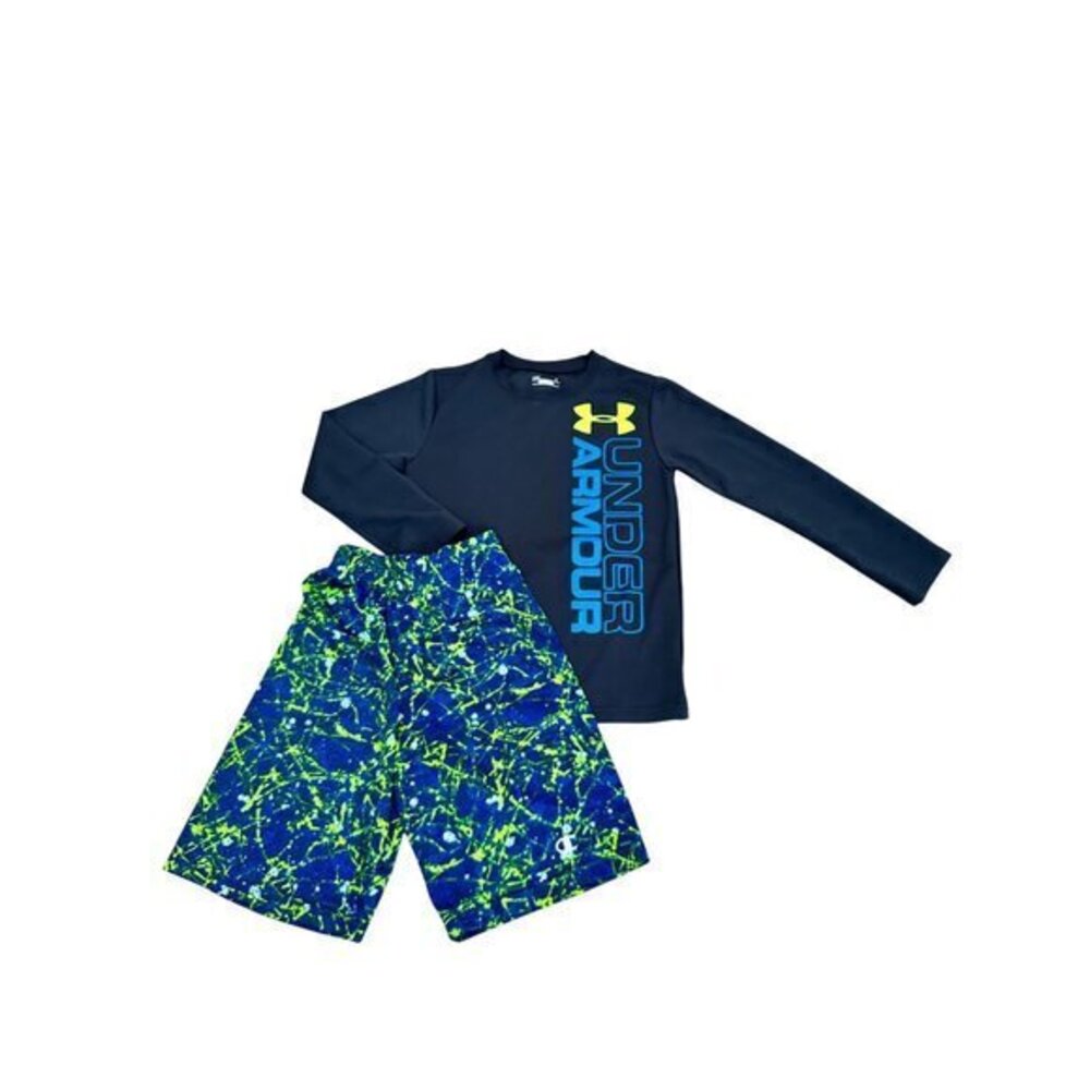 Under Armour Boys Long Sleeve Shirt & Athletic Shorts Set Size 7 Navy/Neon Green
